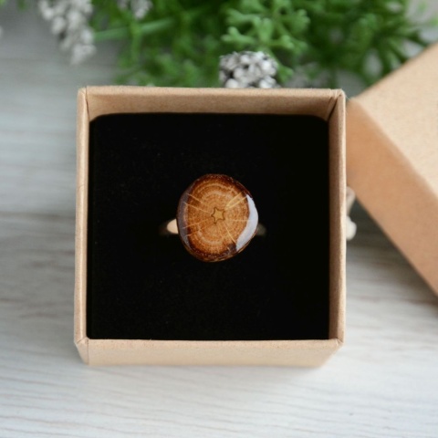 Drewniany pierścionek na srebrnej obrączce