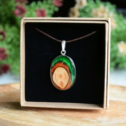 Duży owalny wisior z kawałków drewna i żywicy w srebrze